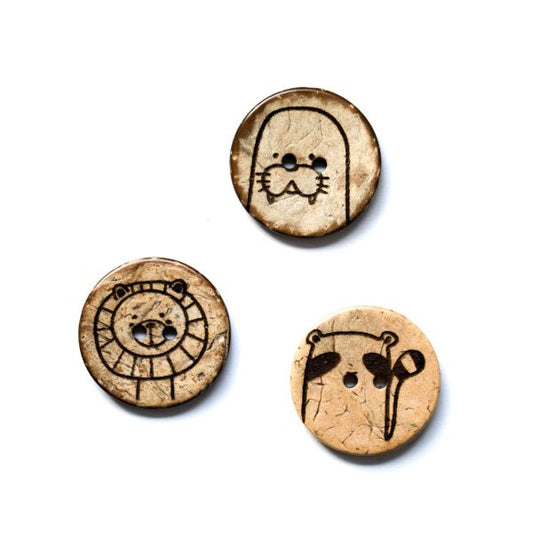 Set Kokosknopf Waschbär, Löwe, Walross 25 mm